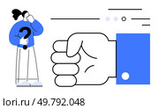 Person pondering a large question mark, facing a giant clenched fist on the right with abstract lines. Ideal for decision making, pondering, conflict, challenges, brainstorming, dilemmas. Person Contemplating a Question Mark Next to a Large Clenched Fist, Symbolizing Decision Making. Стоковая иллюстрация, агентство Ingram Publishing / Фотобанк Лори