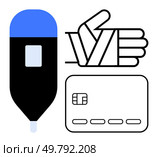 Insulin pen, bandaged thumb gesture, and credit card. Ideal for healthcare, diabetes management, medical expenses, insurance coverage, financial transactions online payments health resources. Line. Hand holding a bandaged thumb with an insulin pen and a credit card. Стоковая иллюстрация, агентство Ingram Publishing / Фотобанк Лори