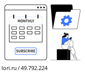 Calendar labeled Monthly with subscribe button, folder with gear icon, seated person using phone. Ideal for productivity, subscriptions, business, time management, digital tools, user engagement. Monthly Subscription Calendar with Folder Icon and Sitting Person Using Smartphone. Стоковая иллюстрация, агентство Ingram Publishing / Фотобанк Лори