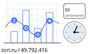 Bar chart with seasonal icons indicating trends, overlaid with a line graph, alongside a credit card and clock. Ideal for business planning, finance, seasonal forecasting, time management, budgeting. Data analysis with seasonal trends, credit card, and clock on a graph background. Стоковая иллюстрация, агентство Ingram Publishing / Фотобанк Лори