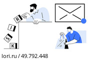 Businessman moves blocks spelling RISK, large unopened envelope icon, person holds shopping bag with percentage sign. Ideal for business, risk management, communication, mail services, shopping. Businessman Toppling Risk Blocks, Envelop Icon, Shopper With Sale Bag on White Background. Стоковая иллюстрация, агентство Ingram Publishing / Фотобанк Лори