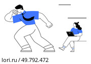 Energetic business person dashing ahead, other professional sitting with a laptop, exuding calmness. Ideal for teamwork, productivity, multitasking, business, technology, work balance, motivation. Dynamic Business Person Rushing Forward with Calm Professional Utilizing Laptop. Стоковая иллюстрация, агентство Ingram Publishing / Фотобанк Лори