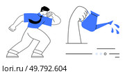 Person flexing muscle while watering arm from watering can, growth lines, splashing water, determined expression. Ideal for motivation, fitness, self-improvement, personal growth, determination. Person flexing muscle and watering arm next to sudden movement lines - representing growth and effort. Стоковая иллюстрация, агентство Ingram Publishing / Фотобанк Лори
