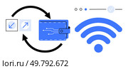 Digital wallet with circuitry design, bidirectional arrows indicating data transfer, and wireless connectivity icon. Ideal for digital transactions, mobile payments, secure connections, data sharing. Digital Wallet and Wireless Data Transfer Connectivity Featuring Interactive Icons and Circular Arrows. Стоковая иллюстрация, агентство Ingram Publishing / Фотобанк Лори