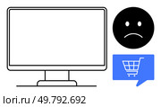 Computer monitor alongside sad face emotion and blue shopping cart in chat bubble. Ideal for customer dissatisfaction, technical issues, online shopping problems, user experience, ecommerce feedback. Display screen with sad face emotion and shopping cart symbol in a chat bubble indicating online shopping issue. Стоковая иллюстрация, агентство Ingram Publishing / Фотобанк Лори