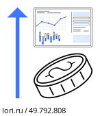 Rising arrow, financial dashboard with line and bar charts, dollar coin showing financial growth and investment potential. Ideal for investment, business growth, financial planning, economic. Financial growth represented by rising arrow, financial dashboard with graphs, and dollar coin. Стоковая иллюстрация, агентство Ingram Publishing / Фотобанк Лори