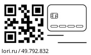 QR code next to a credit card outline with chip. Ideal for cashless payments, digital transactions, secure payments, e-commerce, mobile banking, financial technology, contactless payments. Line. QR Code and Credit Card Outline for Cashless Payments and Digital Transactions. Стоковая иллюстрация, агентство Ingram Publishing / Фотобанк Лори