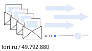 Envelopes with documents symbolize email communication, accompanied by arrows indicating data transfer direction. Ideal for business, productivity, communication, digital marketing, organization. Email communication and data transfer with sequences of envelopes and directional arrows. Стоковая иллюстрация, агентство Ingram Publishing / Фотобанк Лори