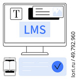 Computer screen shows LMS interface with text icon, multimedia, and notification widgets. Smartphone features open book app. Ideal for e-learning, education, online courses, virtual classrooms. E-learning platform on diverse devices displaying LMS, text editing, and multimedia tools. Стоковая иллюстрация, агентство Ingram Publishing / Фотобанк Лори