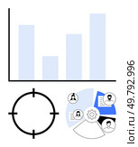 Bar chart with three blue bars, target symbol, pie chart with four segments including user profiles and gear. Ideal for business strategy, analytics, teamwork, goals, user targeting, data. Data comparison with bar chart, target symbol and pie chart with user profiles and gear icon. Стоковая иллюстрация, агентство Ingram Publishing / Фотобанк Лори