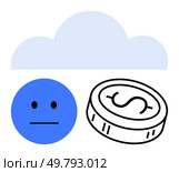 Blue cloud, sad face, and coin creating a concept of financial troubles and economic downturn. Ideal for financial struggle, online banking risk, economic crisis, saving challenges, financial. Cloud icon with a sad face emotion and a coin symbol representing financial challenges and uncertainty. Стоковая иллюстрация, агентство Ingram Publishing / Фотобанк Лори