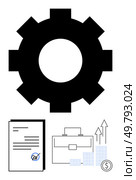 Gear icon with a signed document, briefcase, growing bar graph, and coins. Ideal for productivity, finance, business strategy, agreement growth management and planning. Line metaphor. Gear with document, briefcase, graph, and coins. Themes productivity, finance, business growth. Стоковая иллюстрация, агентство Ingram Publishing / Фотобанк Лори