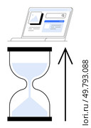 Laptop screen displaying a loading web, v10 page with hourglass and upward arrow. Ideal for time management, web, v10 design, progress tracking, online speed, user experience, deadlines, productivity. Line. Website Loading Process with Hourglass and Upward Arrow Indicating Speed Improvement. Стоковая иллюстрация, агентство Ingram Publishing / Фотобанк Лори