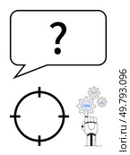 Speech bubble with question mark, target symbol, and robot hand interacting with CRM gears. Ideal for tech, AI, customer management, business strategies, automation, problem-solving innovation. Navigating Customer Relationship Management with AI and Targeted Solutions. Стоковая иллюстрация, агентство Ingram Publishing / Фотобанк Лори