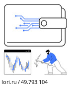 Digital wallet with electronic circuitry, stock market chart, and miner wielding pickaxe. Ideal for financial technology, cryptocurrency, digital transactions, stock trading, mining operations. Digital Wallet with Circuitry, Stock Market Chart, and Miner Holding Pickaxe Reflecting Cryptocurrency Theme. Стоковая иллюстрация, агентство Ingram Publishing / Фотобанк Лори
