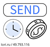 Send button, clock, and dollar coin highlight quick transactions. Ideal for finance, business, banking, time management, online payments investments digital marketing. Line metaphor. Send button, clock, and dollar coin streamlining time and money transactions with quick actions. Стоковая иллюстрация, агентство Ingram Publishing / Фотобанк Лори