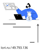 Person with chart laptop and moneybag symbolizes strategic planning financial success, data analysis, innovation, business growth, investment. Ideal for business, finance, marketing, analytics. Business Growth Concept with Data Analysis and Financial Success Visualization. Стоковая иллюстрация, агентство Ingram Publishing / Фотобанк Лори