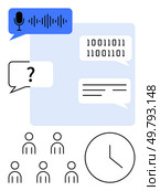 Speech bubble with audio waves digital binary code, question mark in another bubble. Group of people, chat bubbles, and a clock. Ideal for tech, communication, coding, speech recognition, teamwork. Conceptual Communication Tools Coding, Speech Analysis, and Group Interaction with Time Management. Стоковая иллюстрация, агентство Ingram Publishing / Фотобанк Лори