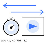 Stopwatch bidirectional horizontal arrows, and play button enclosed in a rectangle. Ideal for time management, navigation, media control, productivity, efficiency, direction. Line metaphor. Stopwatch, Arrow, and Play Button Elements Representing Time, Direction, and Media Control. Стоковая иллюстрация, агентство Ingram Publishing / Фотобанк Лори