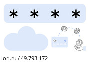 Password with four asterisks, cloud symbol, digital credit card, and hand receiving coins. Ideal for cybersecurity, cloud computing, fintech, online banking, digital wallets e-commerce financial. Secure Digital Payment Concept with Password, Cloud Storage, and Currency Transfer Icons. Стоковая иллюстрация, агентство Ingram Publishing / Фотобанк Лори