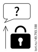 Question mark inside a speech bubble above a padlock, accompanied by an upward-pointing arrow. Ideal for concepts of security, questioning, unlocking potential, protection, inquiry, problem-solving. Question Mark in Speech Bubble Above Padlock with Upward Arrow Indicating an Unlocked State. Стоковая иллюстрация, агентство Ingram Publishing / Фотобанк Лори
