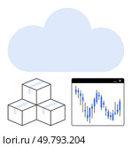 Cloud graphic with three boxes and a data chart representing networked services and statistical trends. Ideal for technology, business analysis, data storage, cloud computing, supply chain. Cloud Computing with Data Visualization and Boxed Components for Business Analysis. Стоковая иллюстрация, агентство Ingram Publishing / Фотобанк Лори