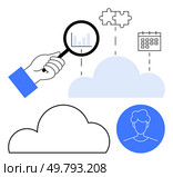 Magnifying glass focusing on bar chart over cloud, puzzle pieces, calendar, and user avatar. Ideal for cloud storage, data analysis, online collaboration, task management, user profiles technology. Cloud computing concept with magnifying glass, bar chart, puzzle pieces, calendar, and user avatar. Стоковая иллюстрация, агентство Ingram Publishing / Фотобанк Лори