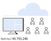 Monitor with partitioned screen, six user icons in front of blue cloud. Ideal for teamwork, remote work, cloud services, online meetings, remote learning, digital collaboration, networking. Line. Cloud Computing for Team Collaboration with Monitor and User Icons. Стоковая иллюстрация, агентство Ingram Publishing / Фотобанк Лори