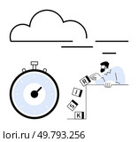 Stopwatch cloud and person handling blocks spelling RISK. Ideal for time management, risk assessment, decision making, business strategy, productivity, focus, planning. Line metaphor. Balancing Risk and Time Management in a Business Environment Concept. Стоковая иллюстрация, агентство Ingram Publishing / Фотобанк Лори