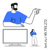 Giant man in blue shirt pointing while smaller woman thinks in front of a blank computer screen. Ideal for teamwork, guidance, decision making, leadership, brainstorming, problem solving, mentoring. Giant man pointing with smaller woman thinking in front of computer screen, emphasis on direction and contemplation. Стоковая иллюстрация, агентство Ingram Publishing / Фотобанк Лори