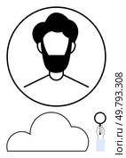 Minimalist avatar in a circle with facial features and full beard. Hand holding magnifying glass and cloud shape beneath. Ideal for profiles, search concepts, digital identity, user interfaces, data. Modern avatar with magnifying glass and cloud in simple monochrome style for online profiles. Стоковая иллюстрация, агентство Ingram Publishing / Фотобанк Лори
