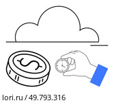 Coin and hand holding a clock beneath a cloud. Ideal for financial planning, time management, cloud computing, decision making, online storage, business strategy, project management. Line metaphor. Balancing Time and Money Under the Cloud of Uncertainty. Стоковая иллюстрация, агентство Ingram Publishing / Фотобанк Лори