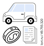 Car, coin with dollar sign, and documents. Ideal for car finance, auto loans, insurance vehicle purchase leasing budget planning car ownership. Line metaphor. Line metaphor. Simple line icons. Car with Coin and Documents Images Reflecting Financial Aspects of Vehicle Ownership or Purchase. Стоковая иллюстрация, агентство Ingram Publishing / Фотобанк Лори