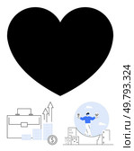 Large black heart atop briefcase, bar graph with upward arrows, coin, and a person balancing clocks on a tightrope. Ideal for business growth, success, time management, innovation, finance personal. Business success and personal growth depicted through innovative concepts and minimalist design. Стоковая иллюстрация, агентство Ingram Publishing / Фотобанк Лори