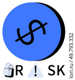 Blue circle with a black dollar sign, an exclamation mark in a triangle, and shopping bags arranged to spell RISK. Ideal for finance, business, investment, economy, caution, consumer behavior. Risk Management Concept with Blue Circle Dollar Sign and Exclamation Triangle. Стоковая иллюстрация, агентство Ingram Publishing / Фотобанк Лори