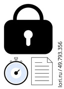 Black lock blue timer and document with lines. Ideal for security, confidentiality, time management, protection, deadlines, privacy, data protection. Line metaphor. Security Icon with Lock, Timer, and Document Symbolizing Secure and Timely Document Protection. Стоковая иллюстрация, агентство Ingram Publishing / Фотобанк Лори