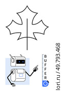 Robot pointing towards vertical buffer indicator, abstract maple leaf outline above. Ideal for technology, automation, measurement, nature themes, educational materials, environmental awareness. Robotic Character Pointing at Buffer Level Indicator with Abstract Maple Leaf Outline Above. Стоковая иллюстрация, агентство Ingram Publishing / Фотобанк Лори