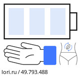 Hand with a blue wristband, battery icon, and waistline with arrows symbolizing energy renewal and health. Ideal for wellness, energy management, fitness, wearables, technology, health monitoring. Hand with Wristband, Battery Symbol, and Waistline with Arrows Depicting Energy Flow. Стоковая иллюстрация, агентство Ingram Publishing / Фотобанк Лори