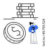 Person holding question mark, contemplating coin with dollar sign, next to stack of books. Ideal for financial planning, education, investment choices, money management, budgeting, saving personal. Person Contemplating Coin with Dollar Sign and Stack of Books, Symbolizing Financial Decision Making. Стоковая иллюстрация, агентство Ingram Publishing / Фотобанк Лори