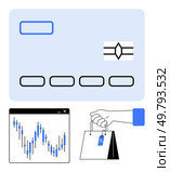 Credit card, financial chart with fluctuating data, and hand holding shopping bag with sale tag. Ideal for e-commerce, online shopping, financial analysis, retail, discount sales, economic trends. Credit Card, Financial Chart, and Shopping Bag Representing E-commerce and Online Shopping Trends. Стоковая иллюстрация, агентство Ingram Publishing / Фотобанк Лори