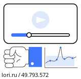 Video player interface with progress bar hand gesture, and graph. Ideal for media analysis, digital growth, user engagement, technology trends, data interpretation, innovation. Line metaphor. Digital Media Insights Video Playback and Data Visualization for Strategic Growth. Стоковая иллюстрация, агентство Ingram Publishing / Фотобанк Лори