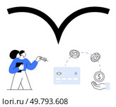 Woman holding tablet and pointing at graph, coins transferring between credit card and hand. Ideal for financial analysis, digital payments, online banking, mobile transactions, economic growth. Woman Analyzing Financial Data as Money Transfers between Cards and Hand Below wireless Symbol. Стоковая иллюстрация, агентство Ingram Publishing / Фотобанк Лори