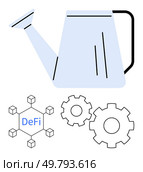 Watering can, gears, and DeFi hexagon connected by cubes representing decentralized finance. Ideal for blockchain development, financial growth, innovation, FinTech, investment strategies, technology. Watering can nurturing blockchain gears and DeFi elements symbolizing decentralized finance growth. Стоковая иллюстрация, агентство Ingram Publishing / Фотобанк Лори