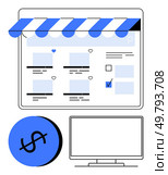Shopping website interface with various product listings, awning, and dollar sign. Ideal for e-commerce, online shopping, digital marketing, retail, business web design financial transactions. Line. Online Shopping Platform with Product Listings and Dollar Symbol for E-commerce Concept. Стоковая иллюстрация, агентство Ingram Publishing / Фотобанк Лори