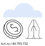 Coin with dollar sign, praying hands, and cloud symbolizing financial hope and spiritual faith. Ideal for financial stability, wealth management, charitable donations, spiritual guidance, financial. Coin with dollar sign, praying hands, and cloud representing financial hope and spiritual faith. Стоковая иллюстрация, агентство Ingram Publishing / Фотобанк Лори