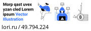 Person with laptop, hooded figure warning on screen, networked laptops, Bitcoin symbol. Ideal for fintech, cybersecurity, remote work, blockchain, technology blogs, educational content, and startup. Diverse Technology Themes Remote Work, Cybersecurity, Cryptocurrency in Modern Design. Стоковая иллюстрация, агентство Ingram Publishing / Фотобанк Лори