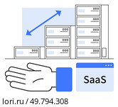 Servers represent digital infrastructure, graph indicates growth, and open hand symbolizes support. Ideal for business, technology, cloud computing, software as a service SaaS, growth support. Line. SaaS Growth Concept with Servers, Graph, and Open Hand Symbolizing Support and Expansion. Стоковая иллюстрация, агентство Ingram Publishing / Фотобанк Лори