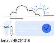 Cloud with sun, carbon footprint with CO2 and downward arrow, certification symbol. Ideal for environmental awareness, sustainability practices, eco-friendly branding, climate change education, green. Carbon Footprint Reduction and Sustainability Certification Under Sunny Sky and Cloud. Стоковая иллюстрация, агентство Ingram Publishing / Фотобанк Лори