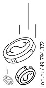 Coins with dollar signs falling from the sky, representing financial instability or economic decline. Ideal for finance, economics, banking, business, investment risk, economic crisis wealth. Line. Falling Coins with Dollar Sign Indicating Financial Loss or Economic Downturn. Стоковая иллюстрация, агентство Ingram Publishing / Фотобанк Лори