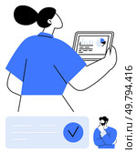 Woman looking at a tablet with charts and graphs, and a man lost in thought. Ideal for business strategy, analysis, teamwork, planning, decision-making, data visualization project management. Line. Woman Analyzing Data on Tablet with Man Pondering in Background, Blue Theme. Стоковая иллюстрация, агентство Ingram Publishing / Фотобанк Лори